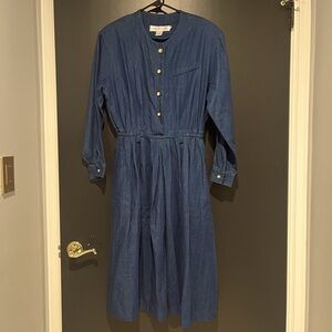 Vintage 1980s Long Sleeve Maxi Blue Denim Dress